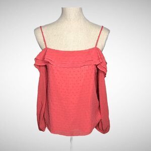 Ann Taylor Factory Coral Cold Shoulder, Ruffle Front Top/Blouse
